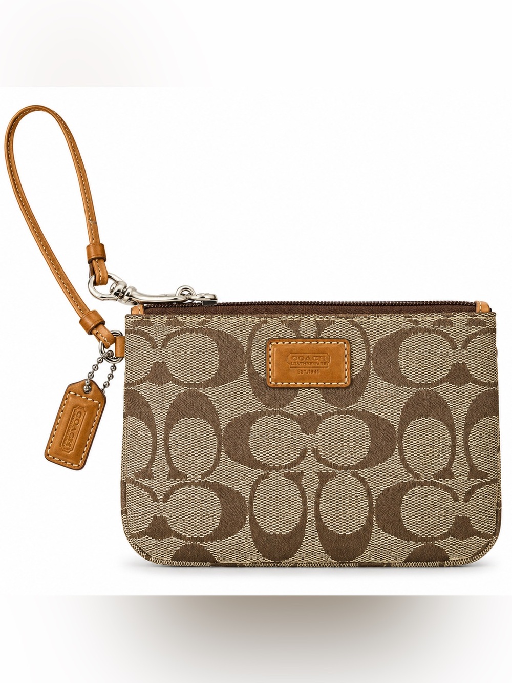 Coach Brown Signature Canvas Wristlet with Tan Leather Trim